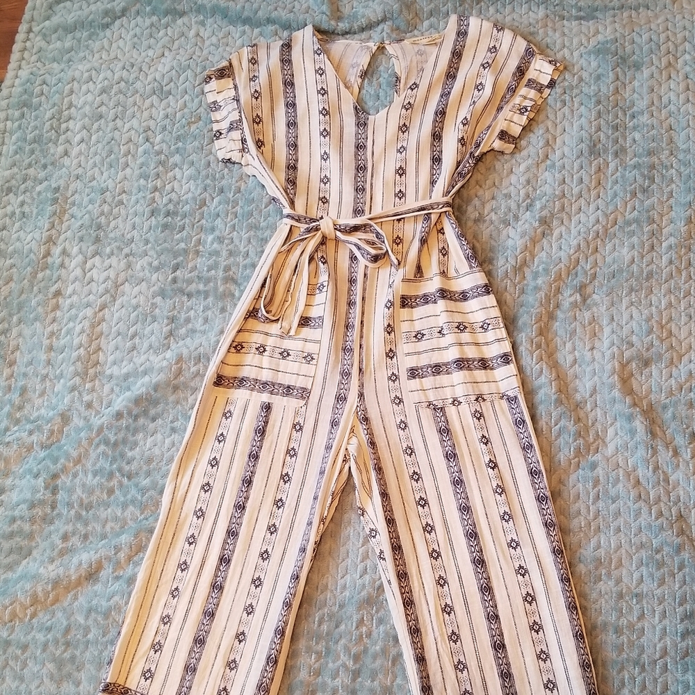 Blue and cream striped jumpsuit with keyhole back